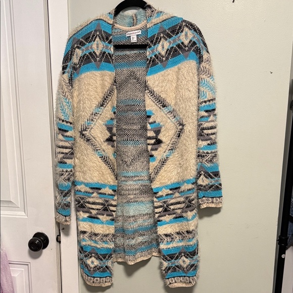 Chic Tribal Pattern Cardigan duster - Blue and Cream - super soft - oversized S - Picture 1 of 5